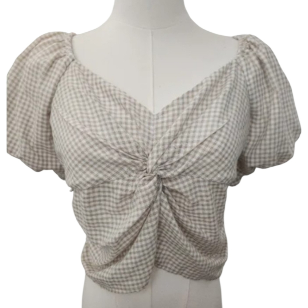 Gingham Puff Sleeve Top - Cream & White Size XL